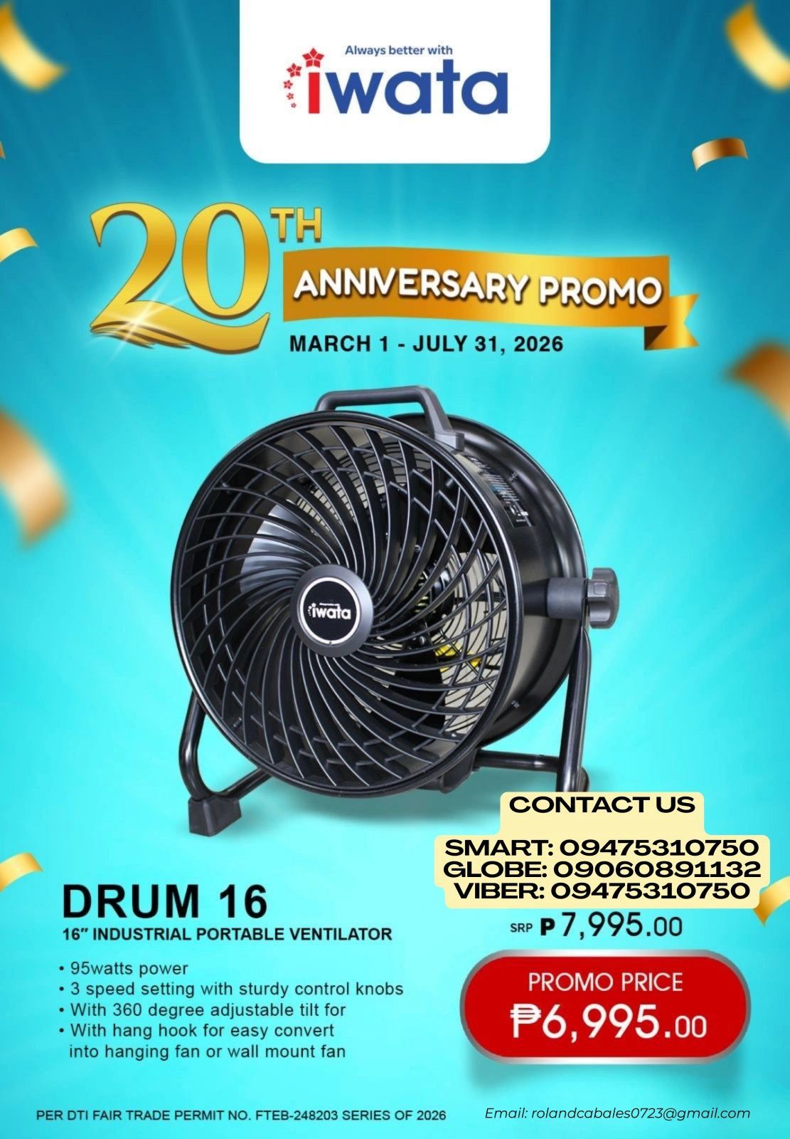 Iwata 20th Anniversary Promo featuring the Drum 16 industrial portable ventilator at a discounted price.