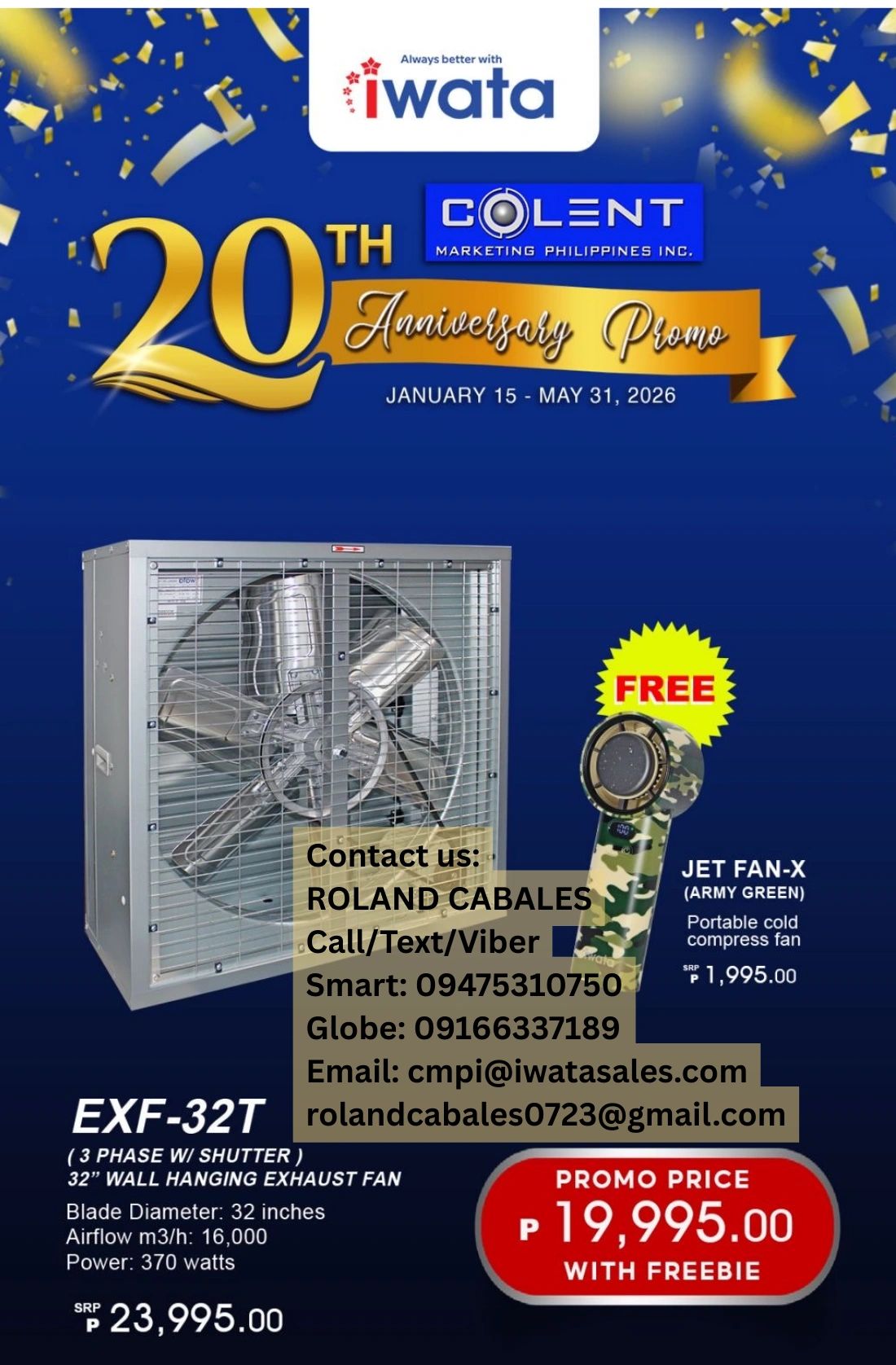 Iwata's 20th Anniversary Promo: EXF-32T wall exhaust fan with free Jet Fan-X, promo price ₱19,995.