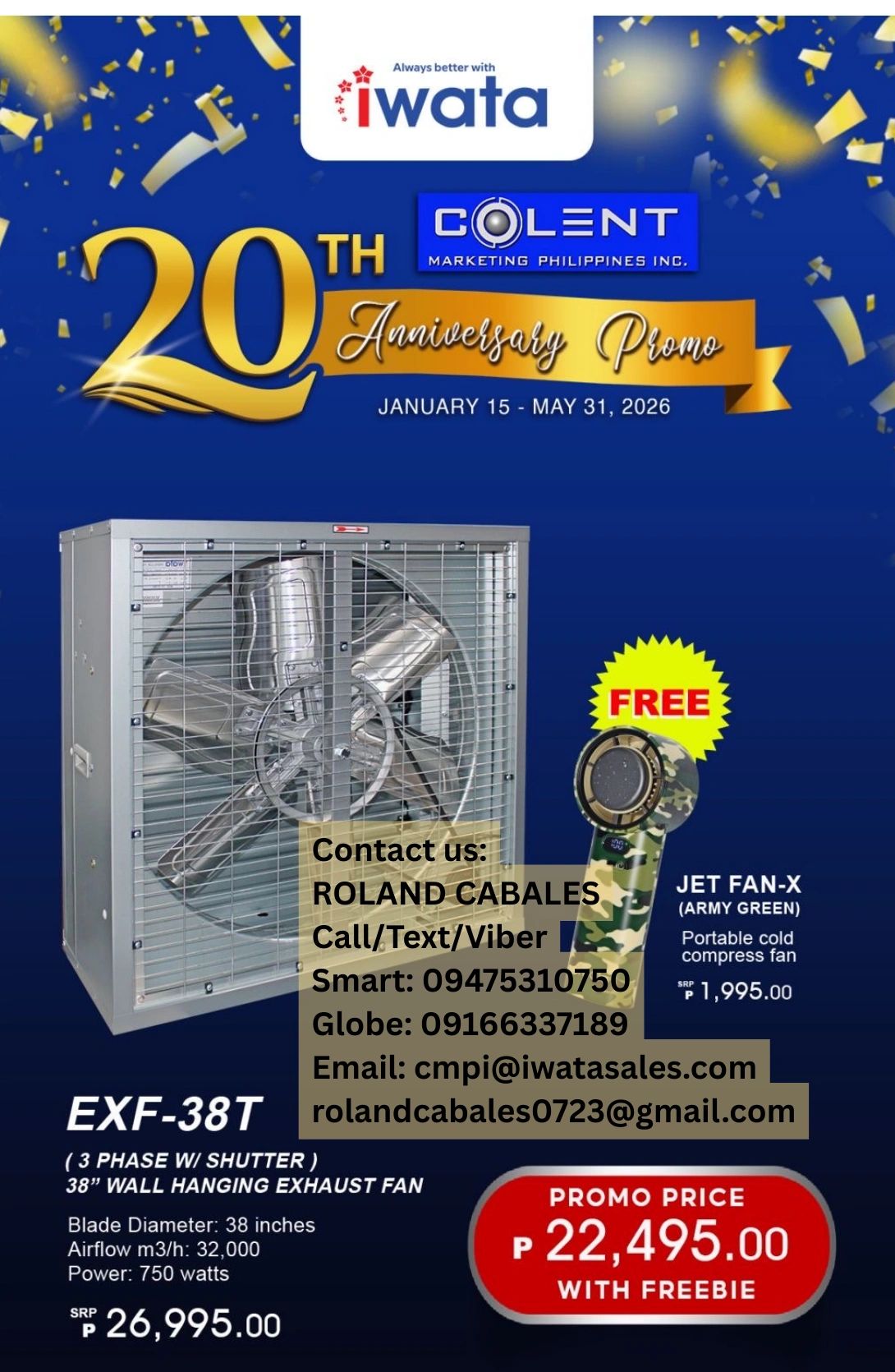 Iwata's 20th Anniversary Promo features a 38-inch wall hanging exhaust fan with a free portable cold compress fan.
