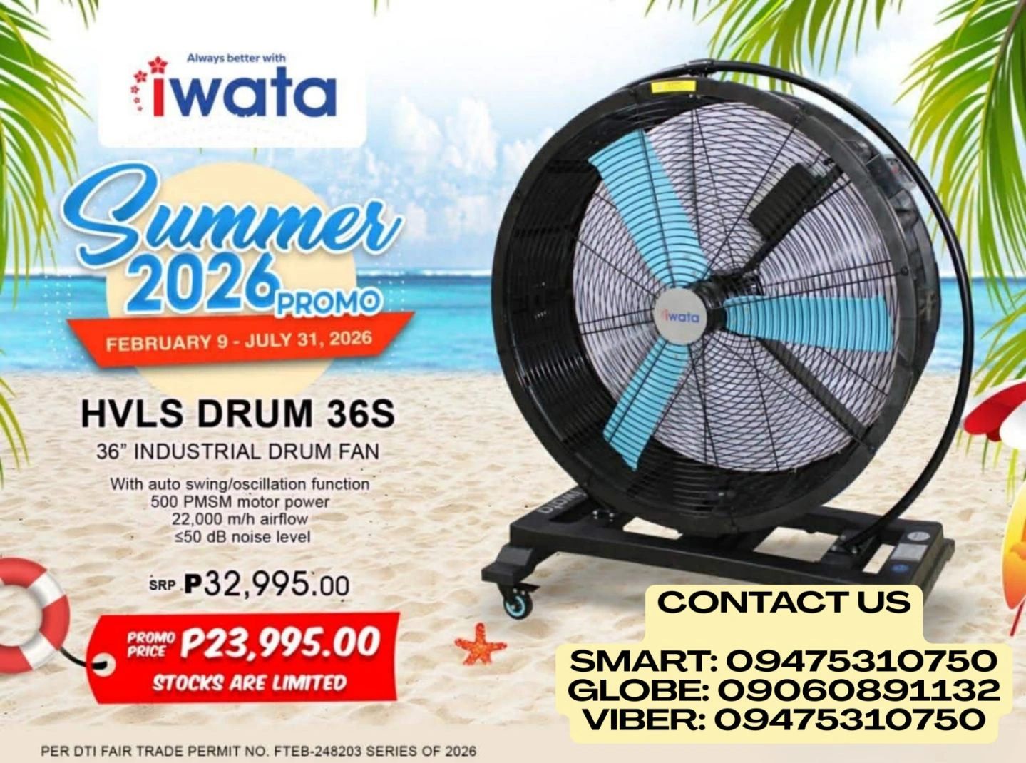 Iwata HVLS Drum 36S industrial fan on summer promo with discounted price and contact details.