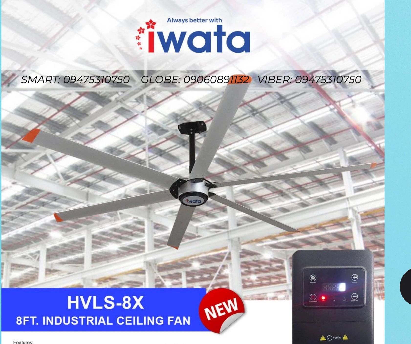 Iwata HVLS-8X industrial ceiling fan with special promo and free installation offers.