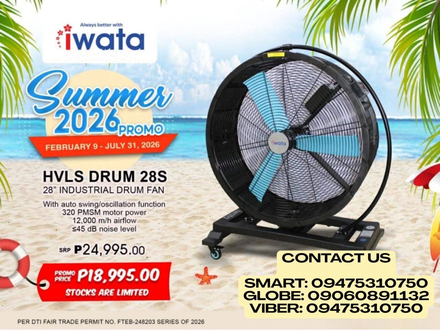 Iwata industrial drum fan summer promo with discounted price and contact info.
