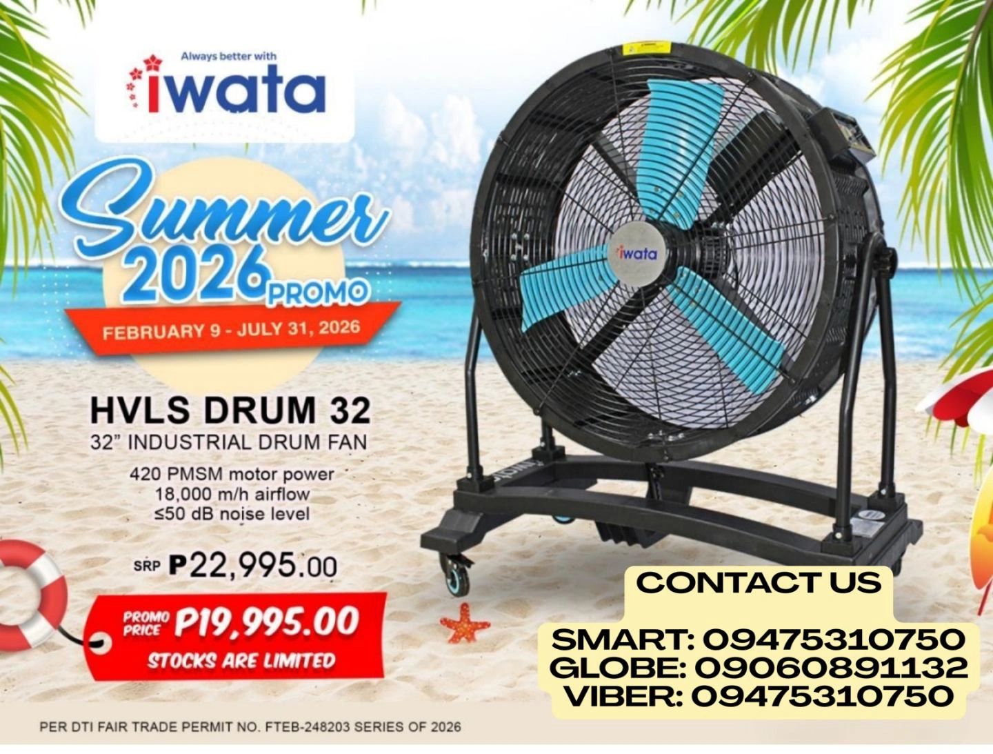 Iwata 32-inch industrial drum fan summer promo with discounted price and contact information.
