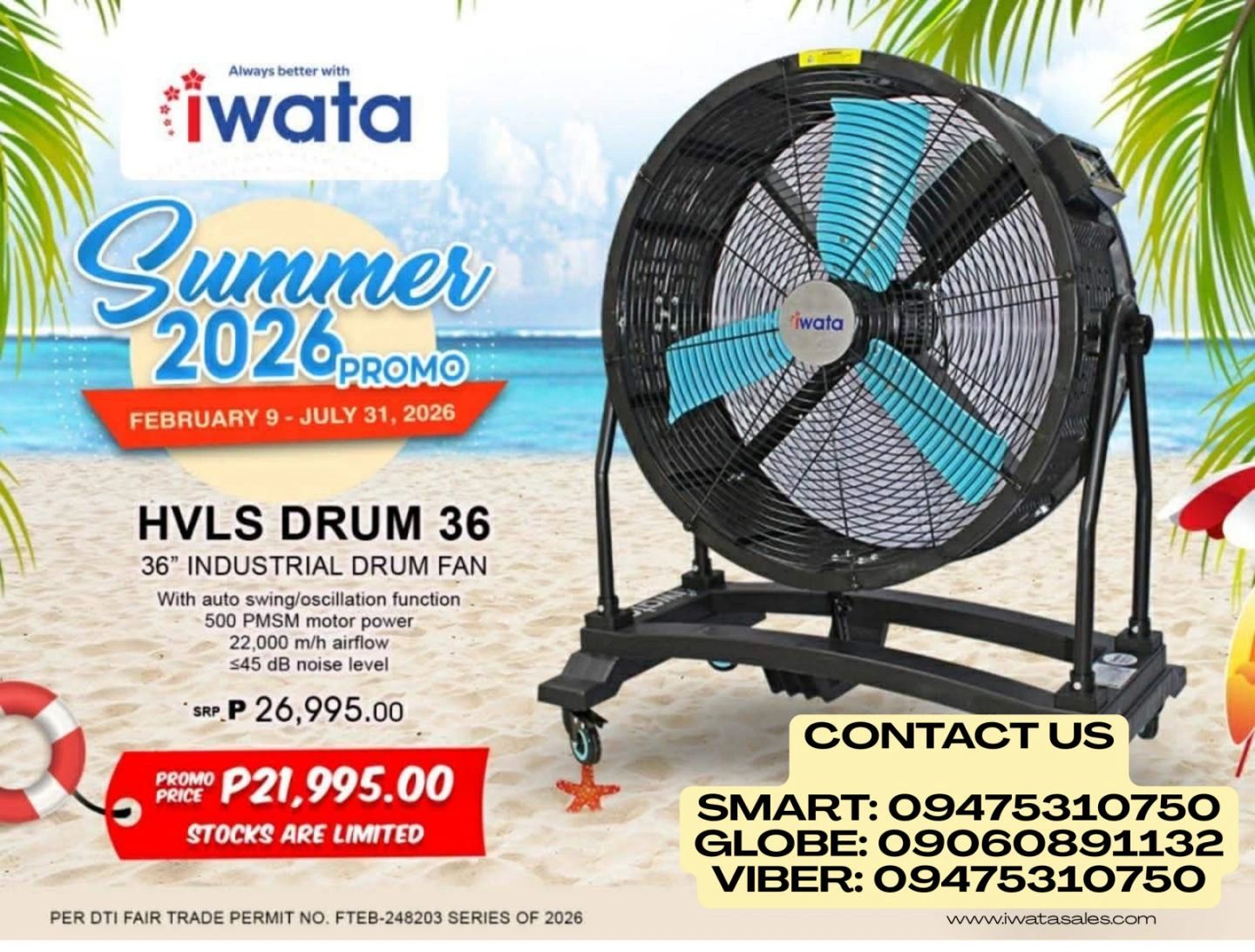 Iwata Summer 2026 promo for 36" industrial drum fan with limited stocks and discounted price.