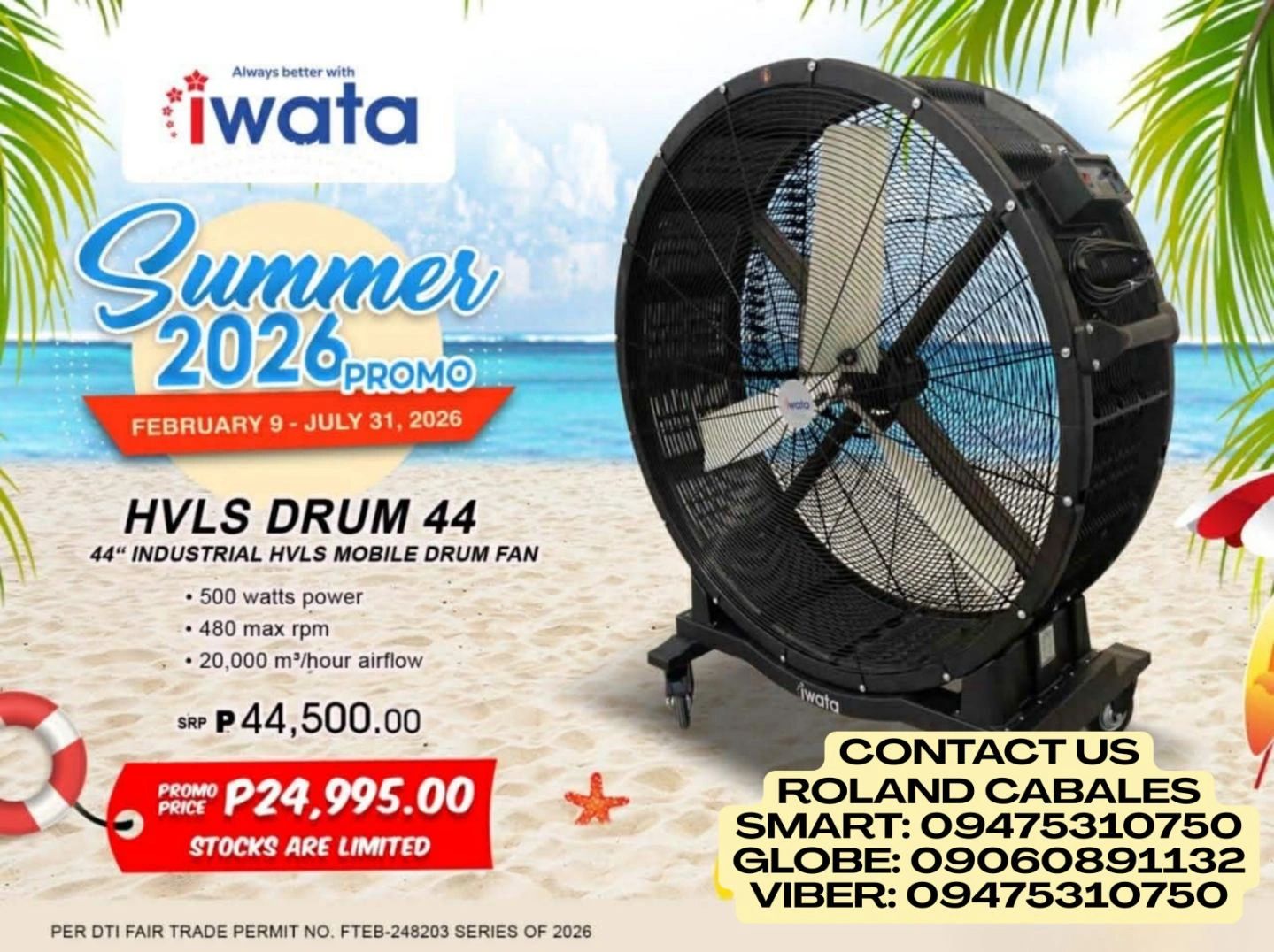 Iwata HVLS Drum 44 industrial fan summer promo with discounted price and contact info.