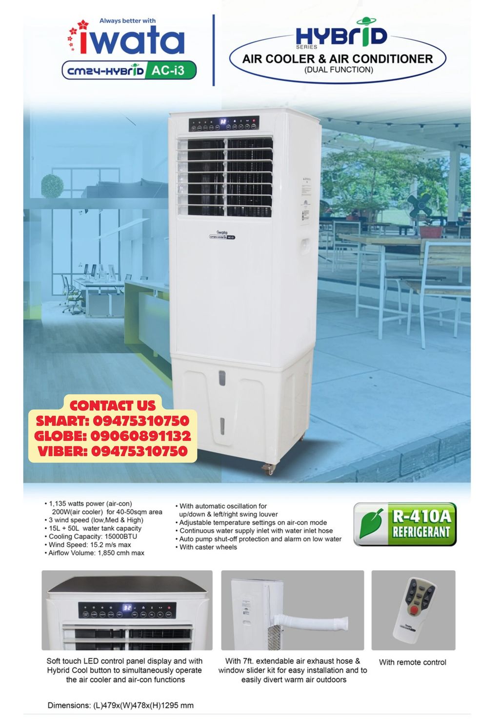 Iwata Hybrid Series air cooler and air conditioner with dual function and remote control.