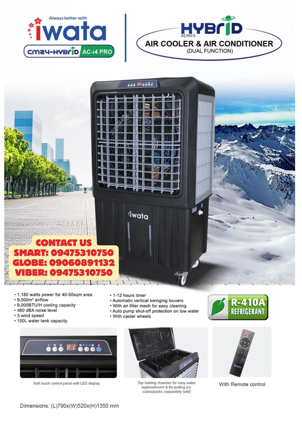 Iwata Hybrid Series air cooler and air conditioner with remote control and 100L water tank.