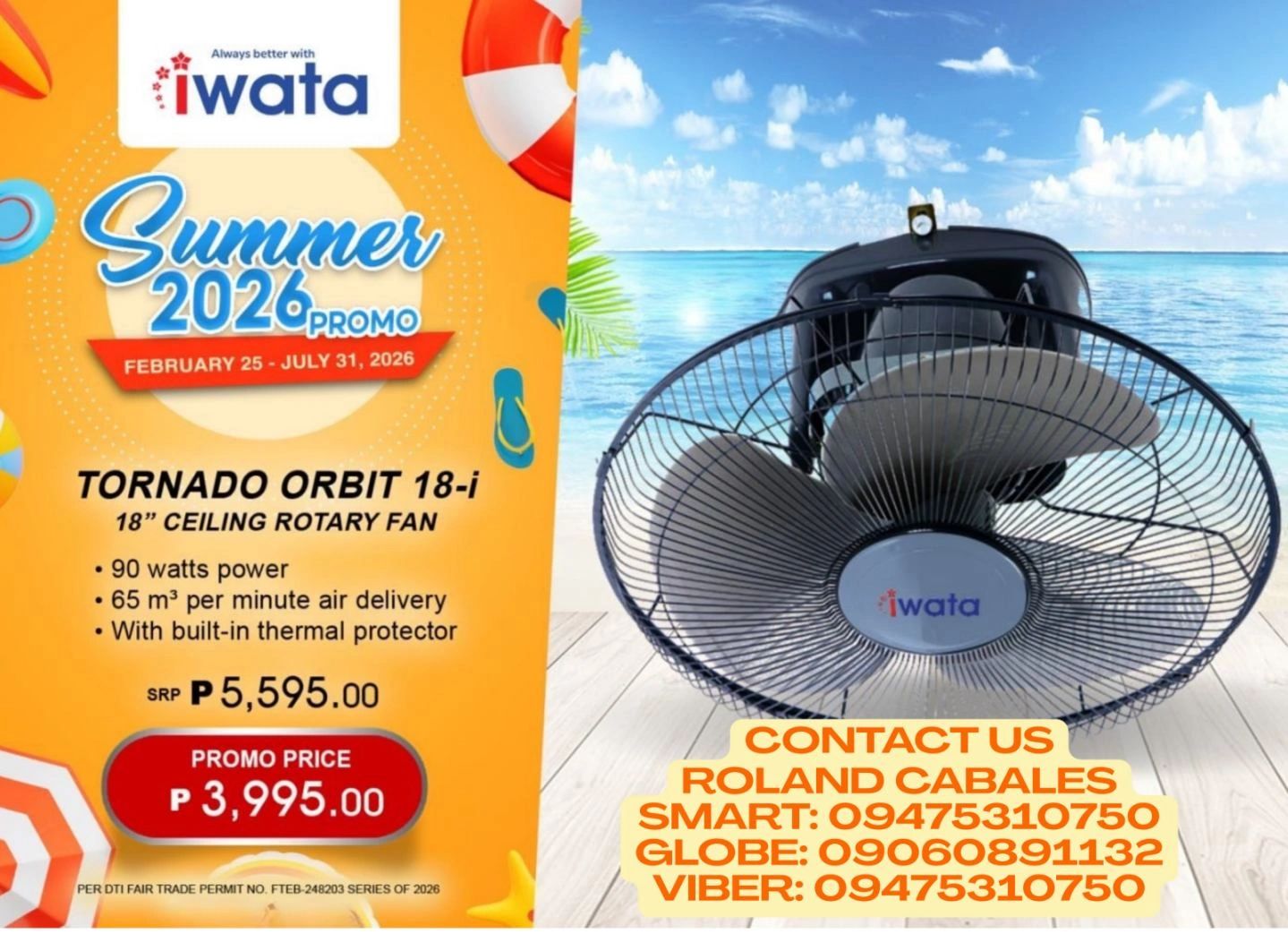 Iwata Tornado Orbit 18" ceiling fan on summer promo, discounted to ₱3,995.