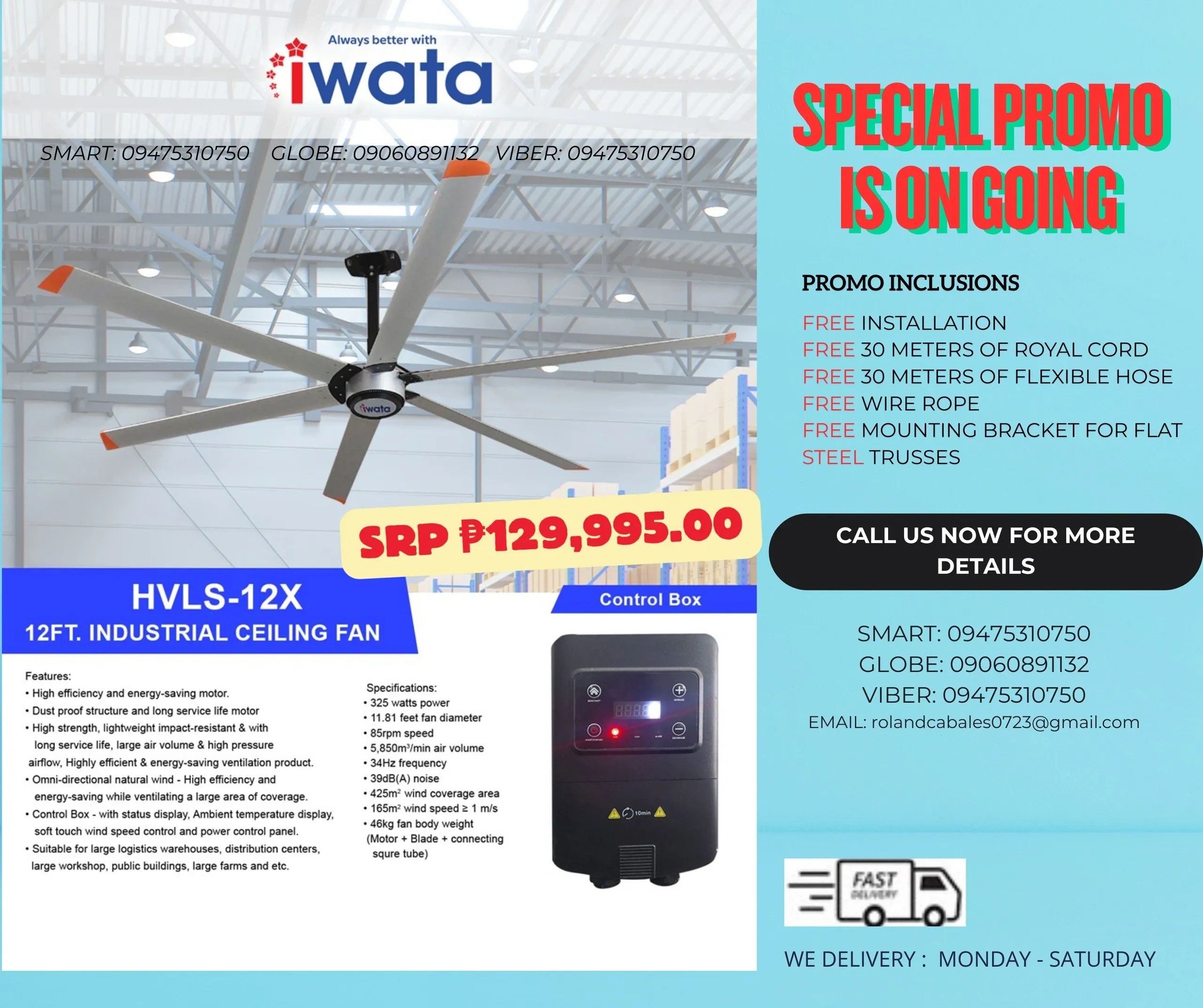 Iwata HVLS-12X industrial ceiling fan promo with free installation and accessories for ₱129,995.
