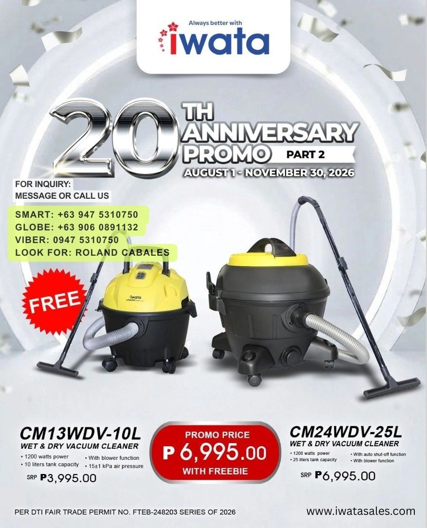 Iwata 20th Anniversary Promo with vacuum cleaners and contact info.