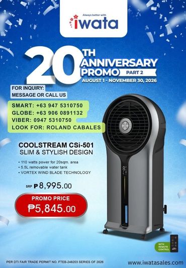 Iwata 20th Anniversary Promo for CoolStream CSi-501 fan with discount.