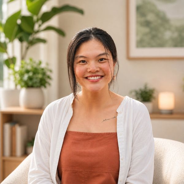Smiling young woman in a cozy room with plants and soft lighting.