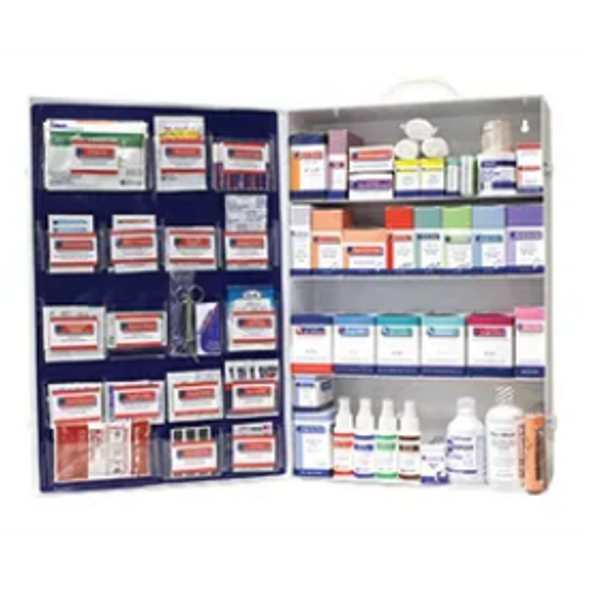 An organized first aid kit with various medicines and supplies.