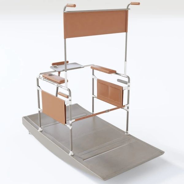 Modern wheelchair ramp with seating and leather accents.