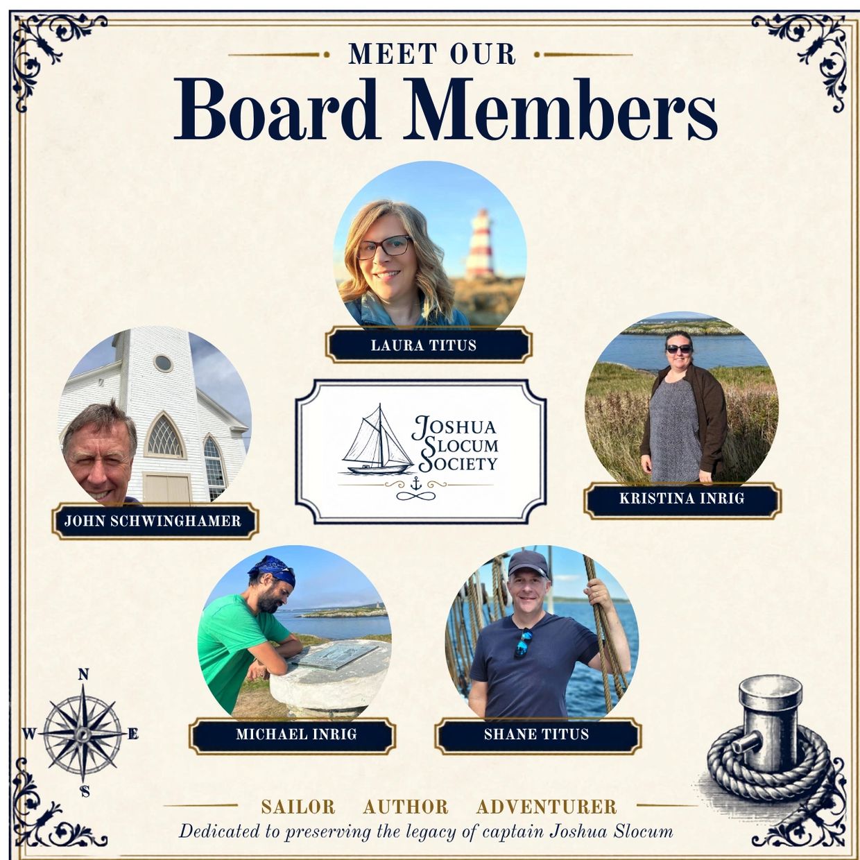 Board members of the Joshua Slocum Society with portraits and names.