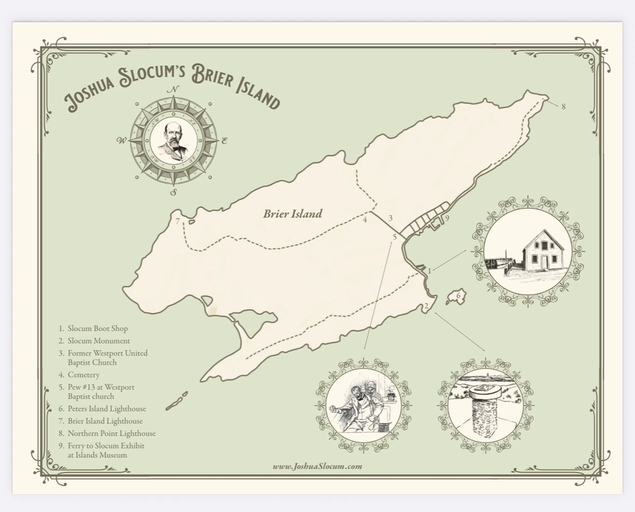 Illustrated map of Joshua Slocum's Brier Island with landmarks.