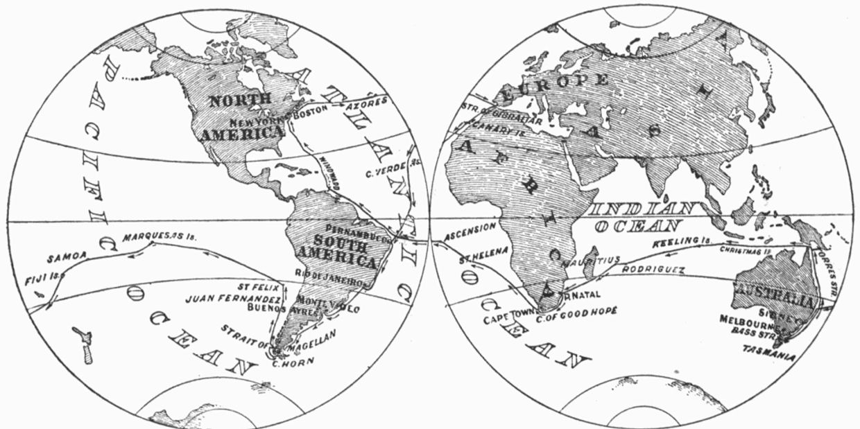 Vintage world map highlighting continents and major oceanic routes.