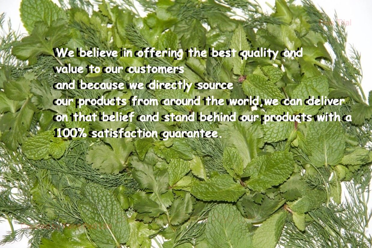 Fresh green herbs with a customer satisfaction guarantee message overlay.