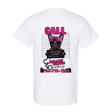 White t-shirt with a dog wearing sunglasses graphic and bail bond advertisement.