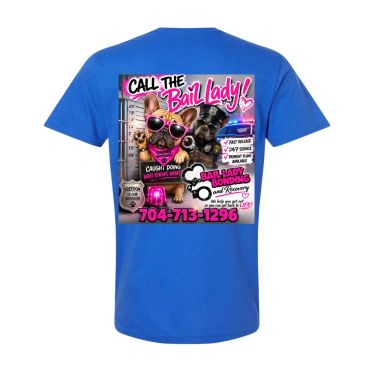 Blue t-shirt with playful bail bonds ad featuring dogs.