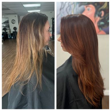Before and after hair transformation with color and style changes.