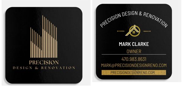 Black and gold business card for Precision Design &amp; Renovation by Mark Clarke.