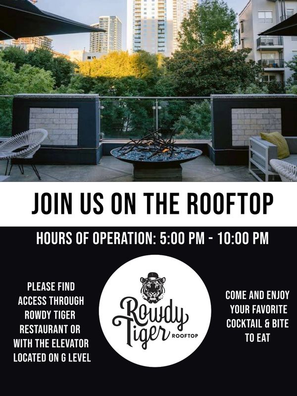 Rooftop lounge with fire pit and urban skyline views inviting guests to enjoy cocktails.