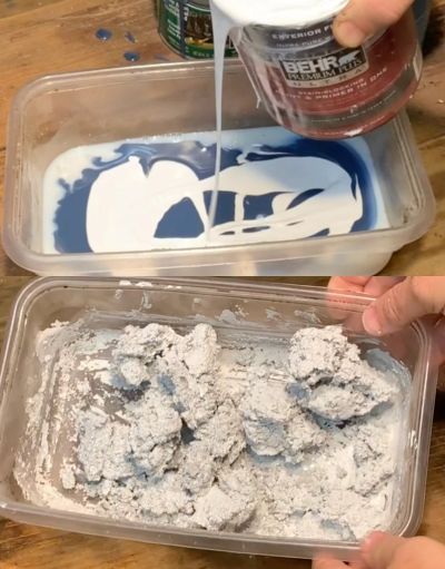 Pouring paint and mixed paste in plastic containers.