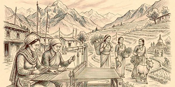 Women working and walking in a traditional mountain village setting.