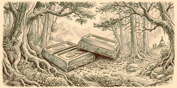 Vintage illustration of chocolate bars in a forest with mountains in the background.