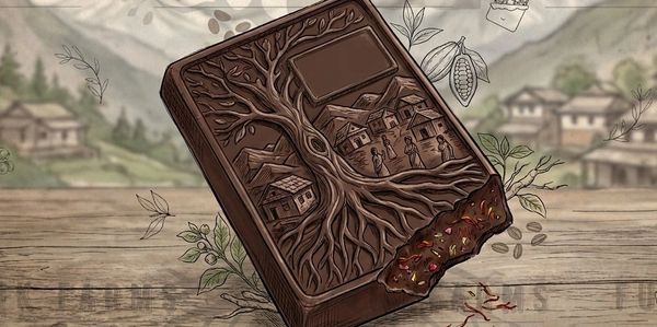 Intricately carved chocolate bar depicting a village scene with tree and houses.