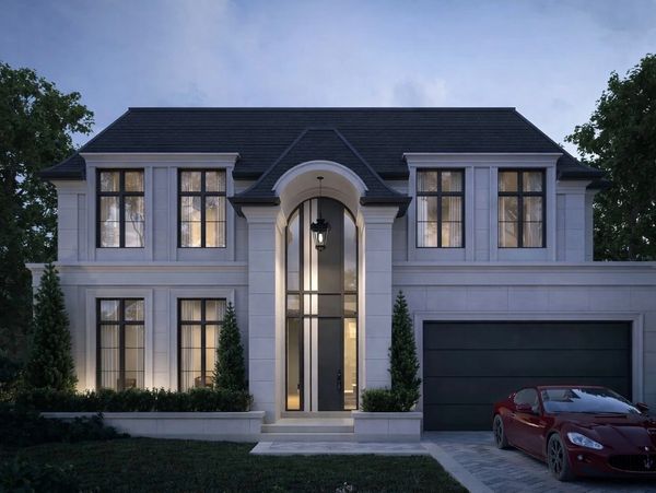 Modern two-story home with large windows and a luxury car parked outside.