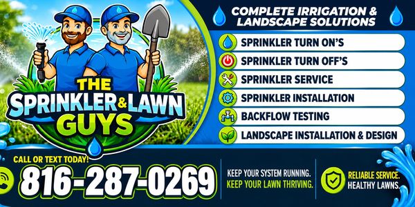 Advertisement for sprinkler and lawn services with contact info.