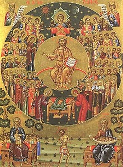 A detailed religious icon depicting Christ and saints in a golden circular frame.