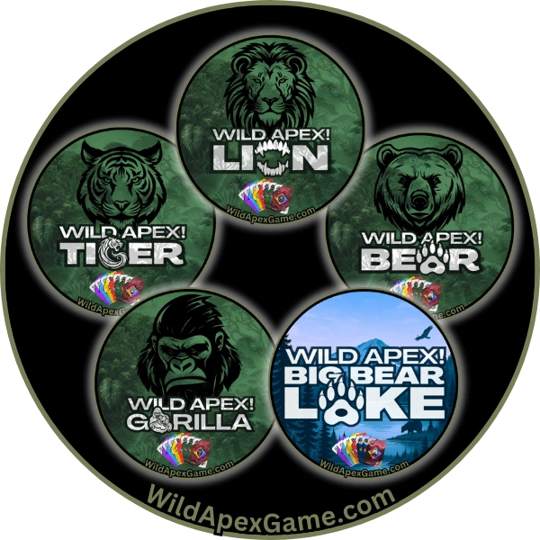 A group of wild ape badges with different animal designs.