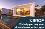 Modern house with pool, promoting crypto for home buying.