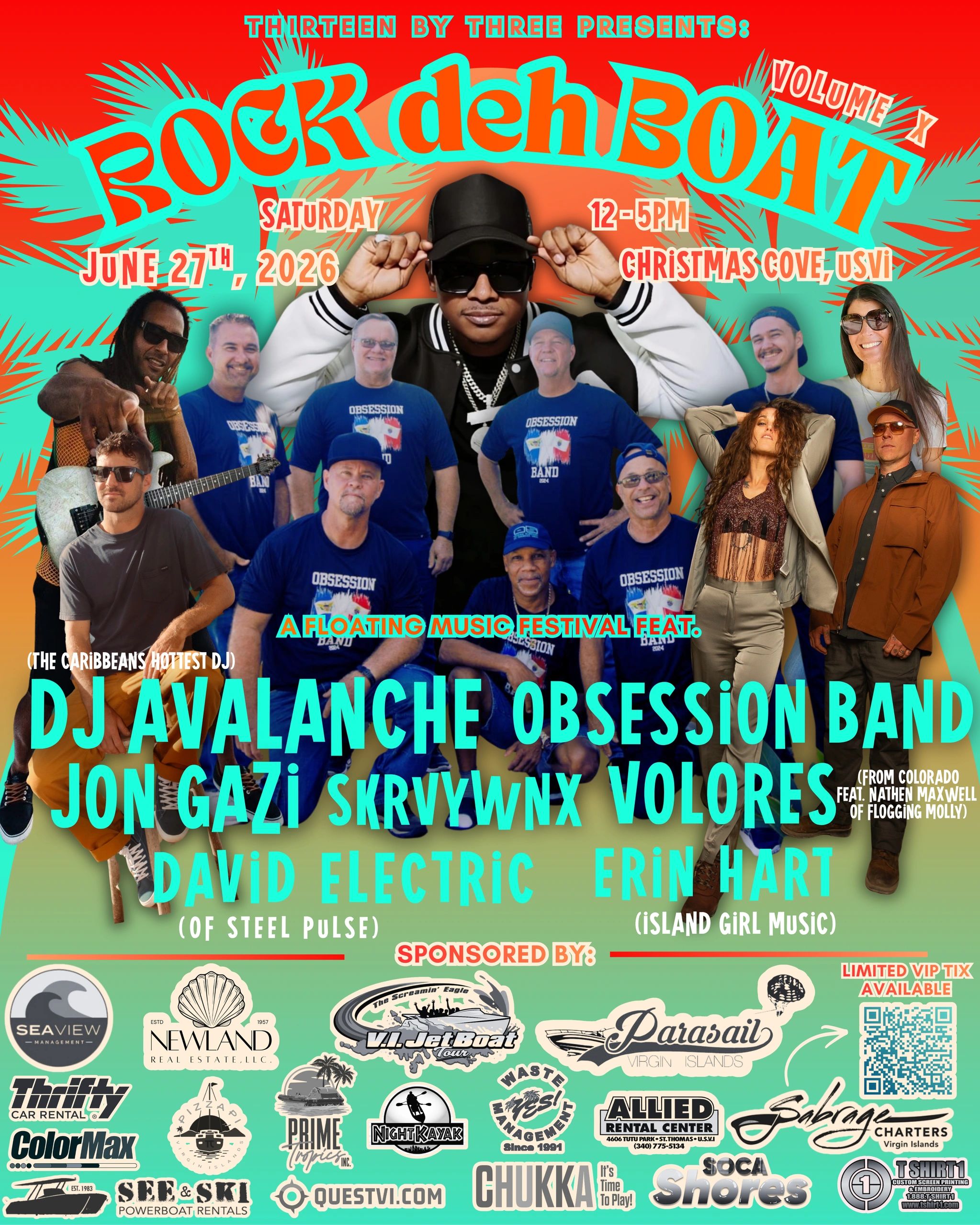 Colorful poster for Rock deh Boat Volume X music festival on June 27, 2026, at Christmas Cove, USVI.
