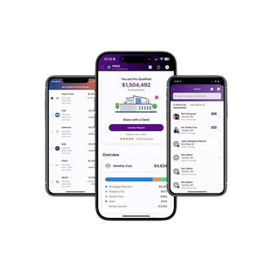 Three smartphones displaying a real estate pre-qualification app with client and cost details.