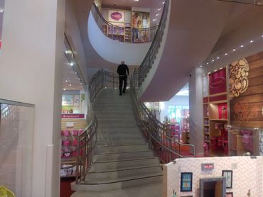 Magnificent staircase at American Girl Store in Stanford Shopping Mall.