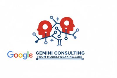 Logo for Google Gemini Consulting from ModelTweaking.com with two red heads and network nodes.
