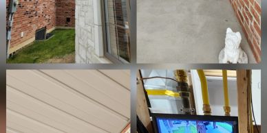 Four images showing parts of a house's exterior and a thermal camera screen.