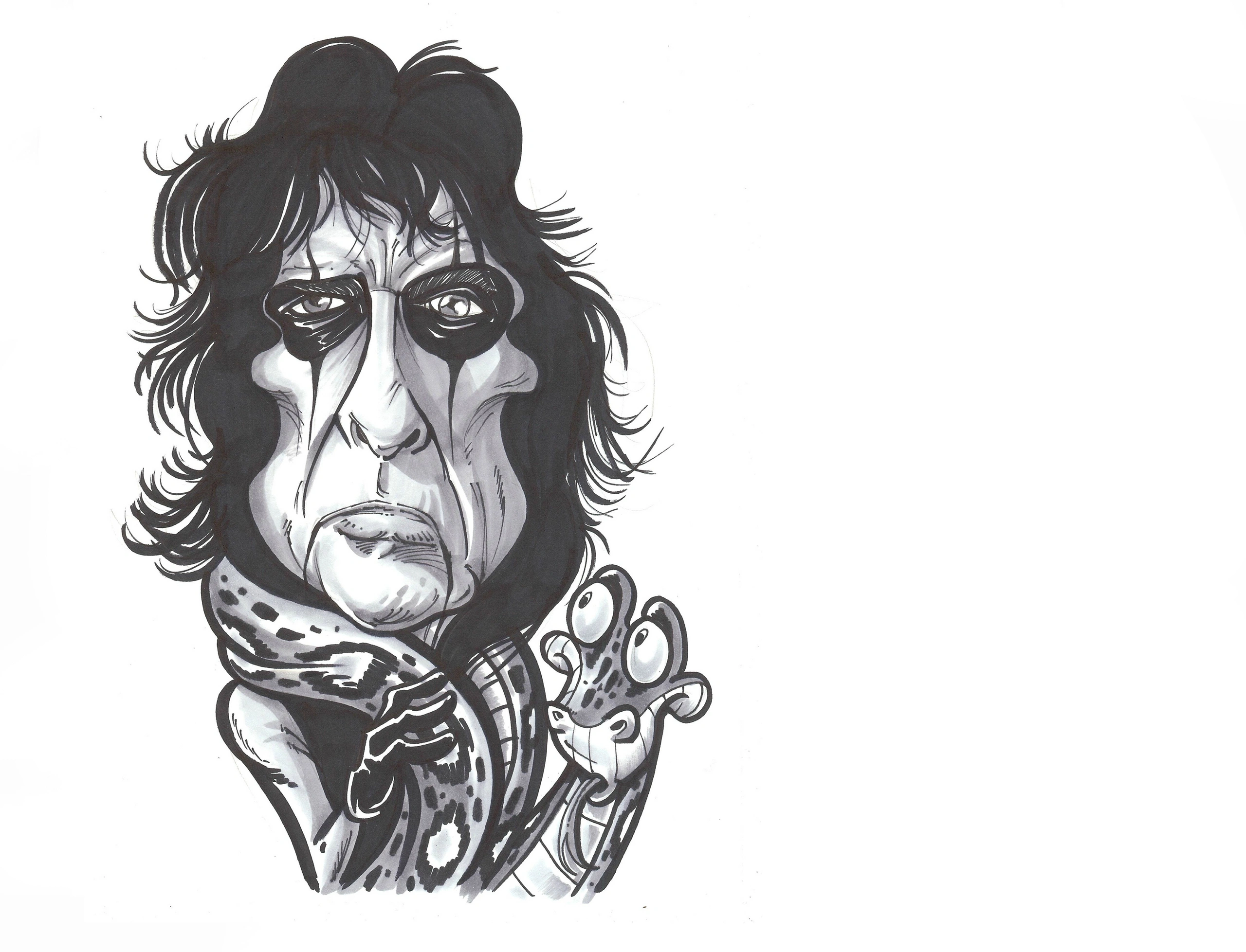 Black and white Cult Caricature of Alice Cooper by Andy Meanock.