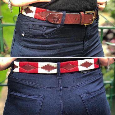 bespoke gaucho polo belt Cheltenham hand made thread waxed brown leather red white ladybird stamp