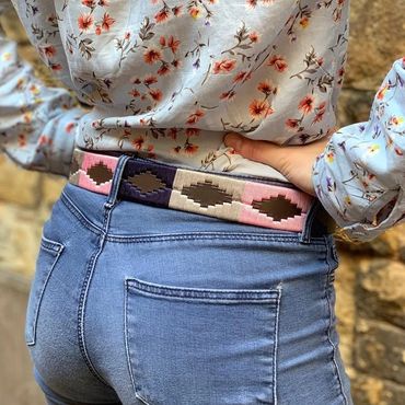 bespoke gaucho polo belt hand made thread waxed brown leather blue grey pink bum ass flower