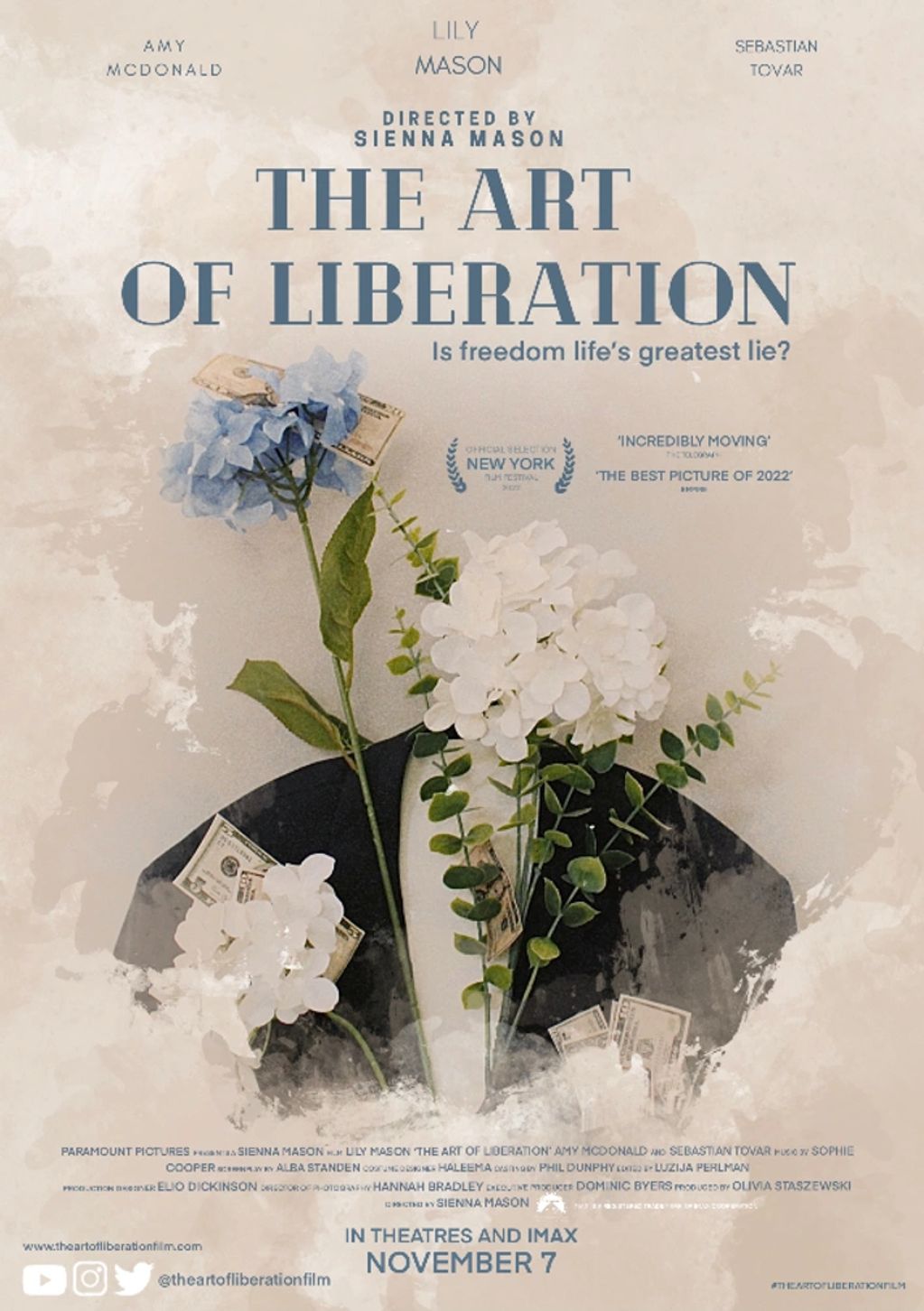 Movie poster for The Art of Liberation featuring flowers and money.