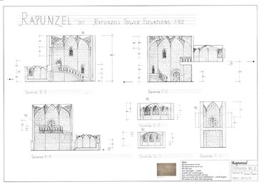 Architectural floor plans and elevations for Rapunzel's tower, hand-drawn with detailed measurements.