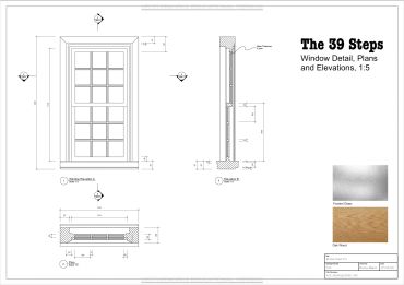 Architectural window detail drawing with measurements and material samples.