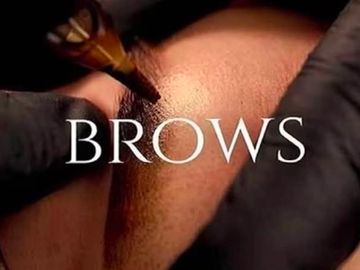 Close-up of eyebrow tattooing procedure with the word 'BROWS' overlaid.