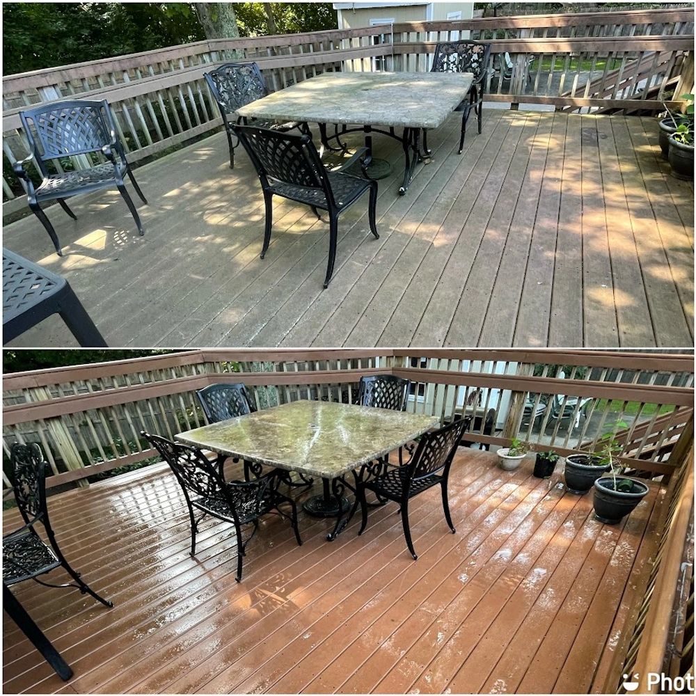 Side by side examples of a deck during cleaning