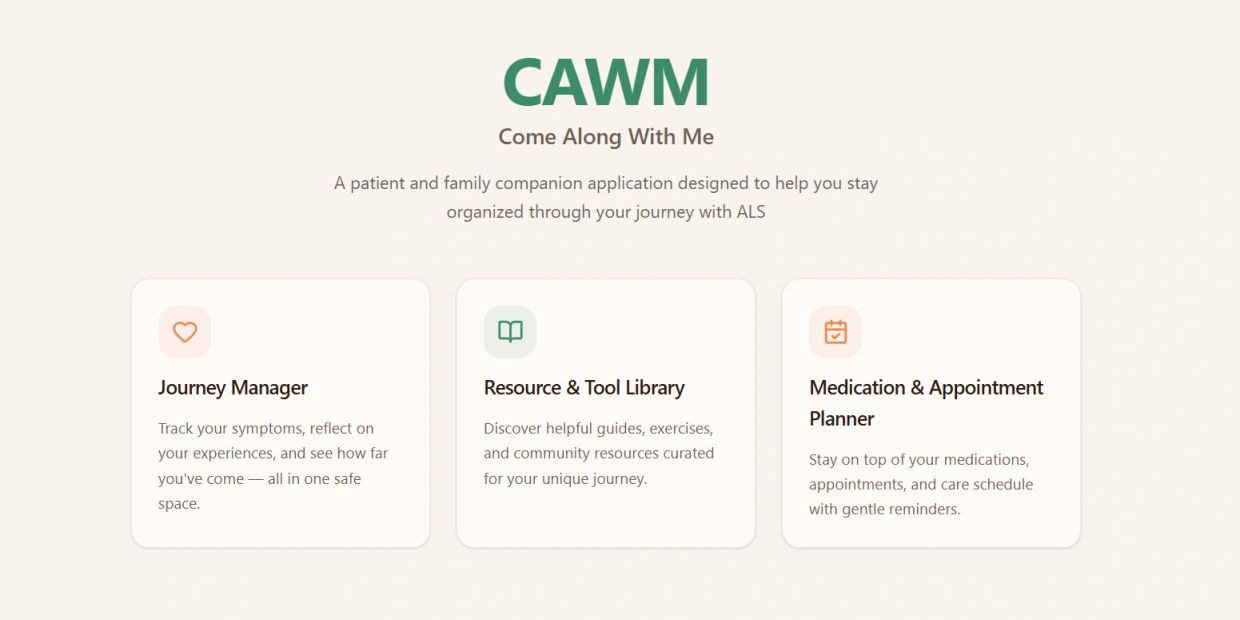 CAWM app helps organize ALS journey with tools and reminders.